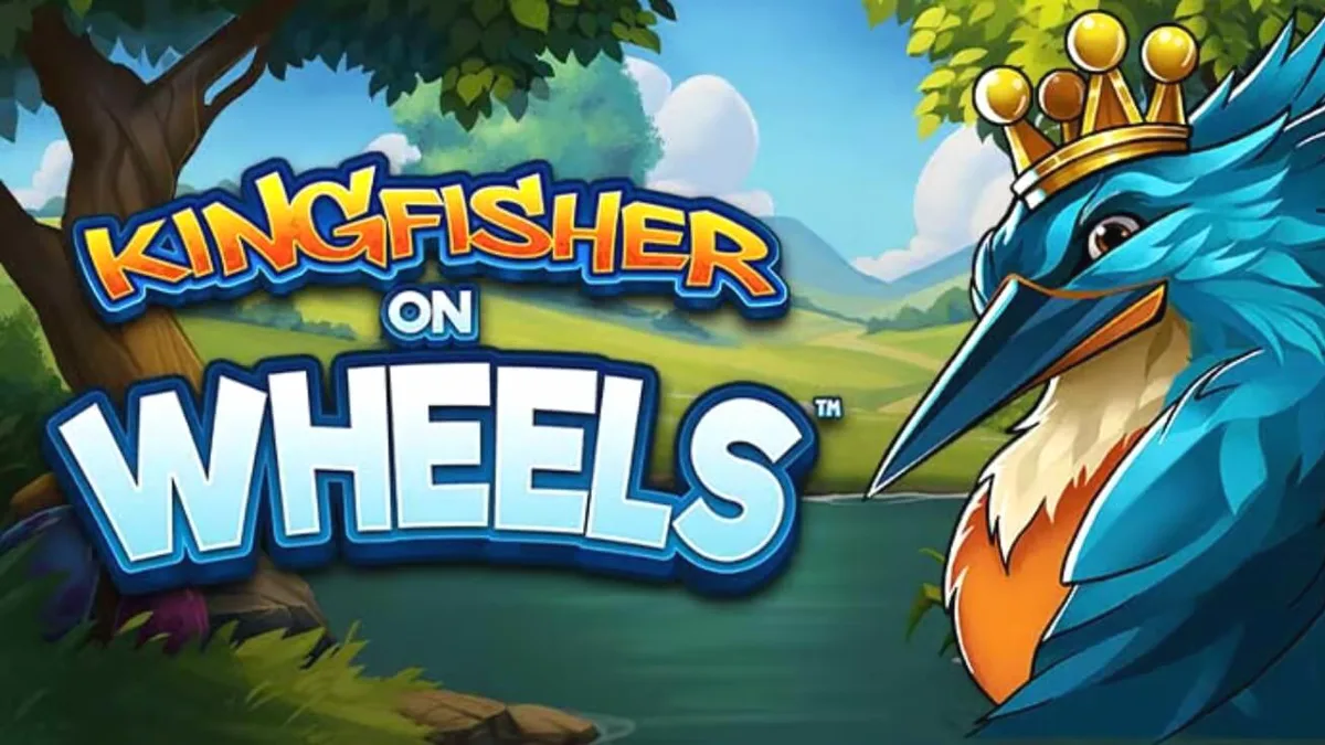 Tampilan visual slot Kingfisher on Wheels dengan latar belakang sungai dan burung kingfisher bermahkota